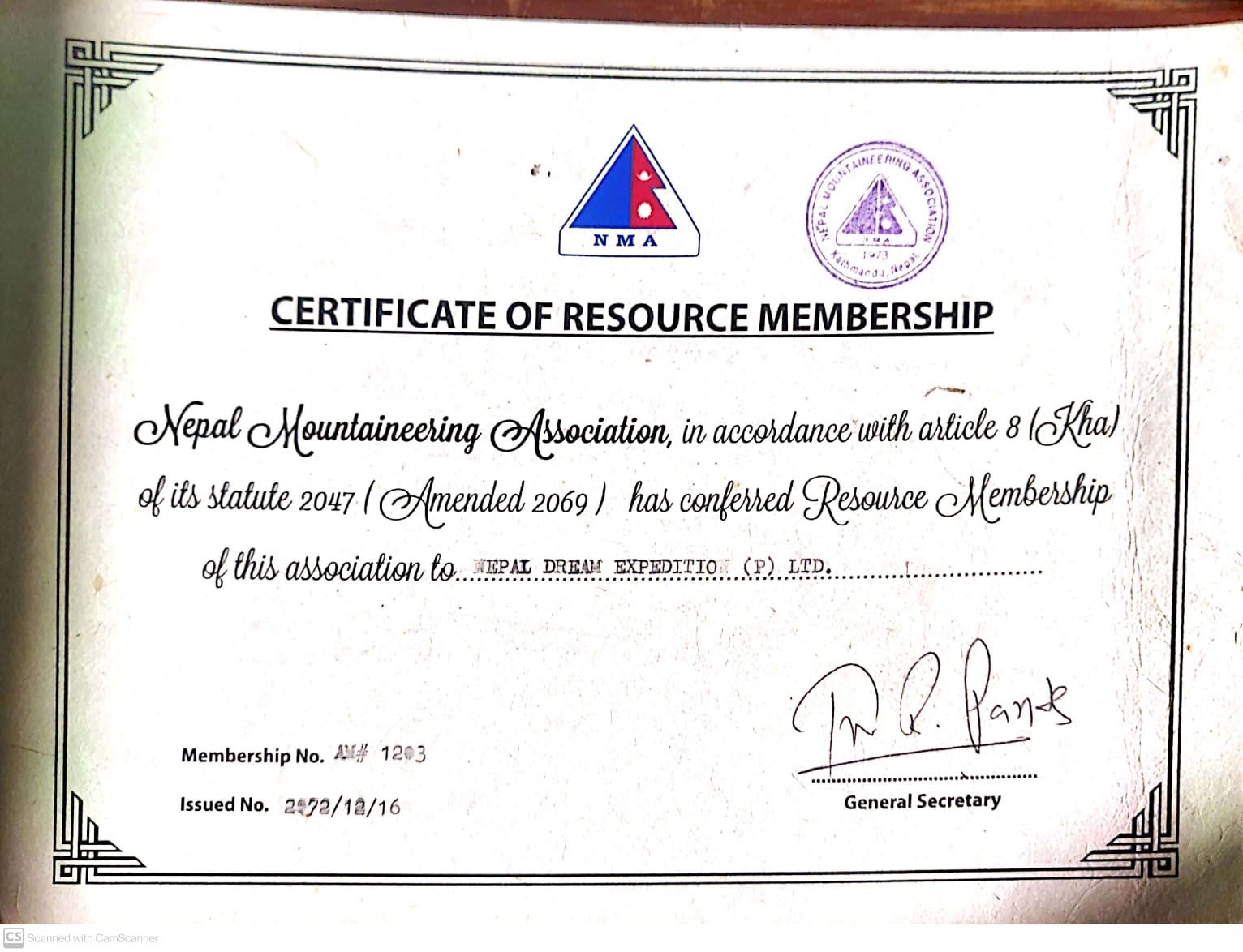 Certificate of Resource Membership